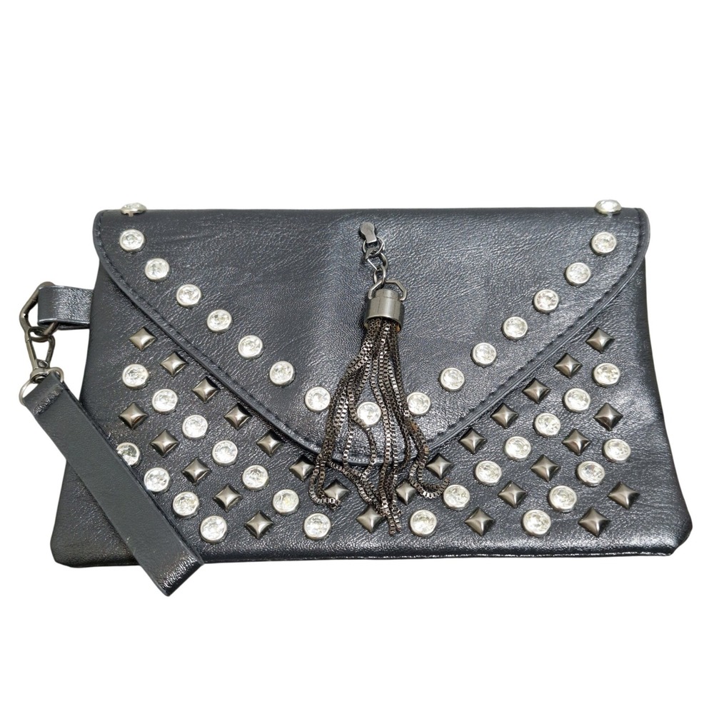 Black Faux Leather‎ Studded Rhinestone Wristlet Clutch with Chain Tassel Edgy